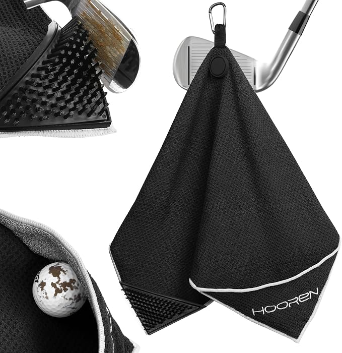 Magnetic Golf Towel with Brush & Cleaning Pocket, 4-in-1 Golf Cleaning Kit 3 Stage Cleaning System Golf Club Cleaning Kit, Microfiber Waffle Golf Accessories 15.7" X 23.6", Black