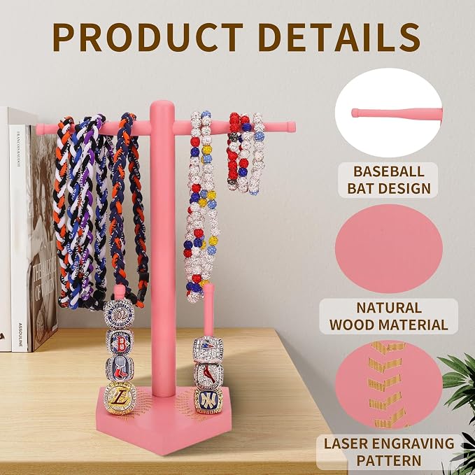 Baseball Ring Display Holder for Championship Rings & Necklaces, Wooden Sports Jewelry Organizer with Bat Stand for Baseball Softball Players, Athlete Gift Display Case for Rings Bracelets Medals,Pink