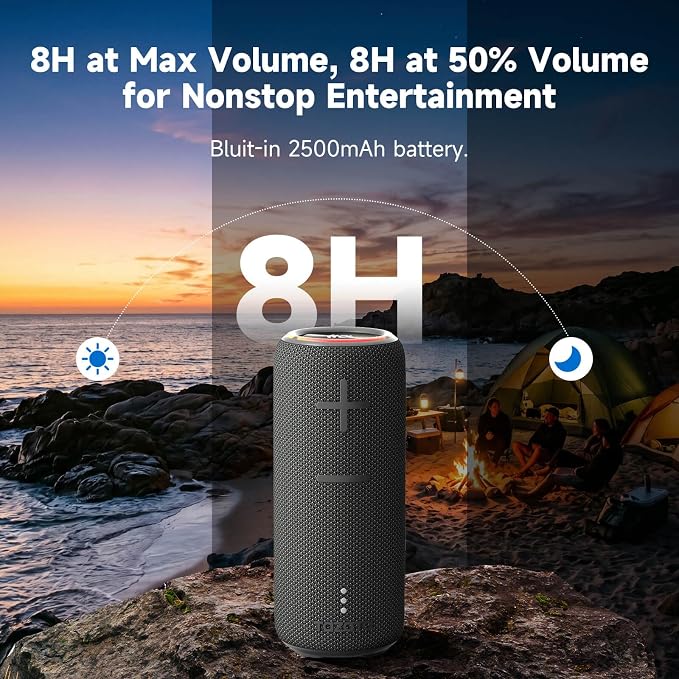 TAZATA Fun 300 30W Portable Bluetooth Speaker, IPX7 Waterproof & Dustproof, Bluetooth 5.3, Deep Bass, TWS Pairing, 8H Battery Life, Stereo HD Sound for Camping, Beach, Outdoor, Travel, Bike - Black