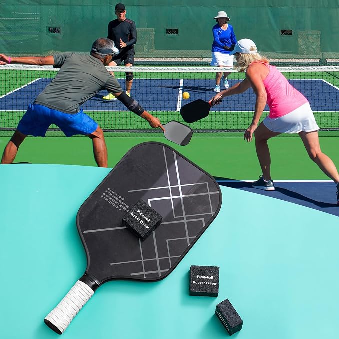 Pickleball Paddle Eraser with Free Overgrip, Best Carbon Fiber Pickle Ball Racket Cleaner, Fast & Easy Rubber Bar to Remove Ball Residue, Dirt, & Minor Scrapes, Scratches (3PCS)