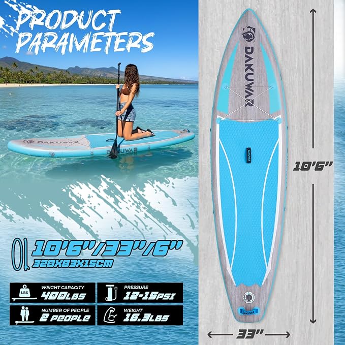 DAKUWAR Paddle Board 10'6''/10' Inflatable Stand Up Paddle Boards with SUP Accessories Ultra-Light Paddleboard Non-Slip Comfort Deck for Adults & Youth of All Skill Levels