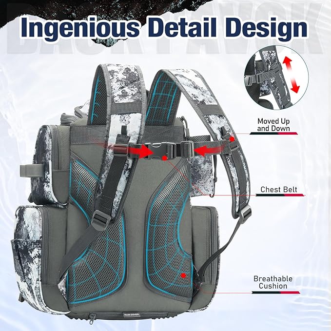 Piscifun Fishing Backpack with 2 Rod Holders & 4 Tackle Boxes, Large Tackle Storage Bag With Rain Cover for Fishing Gear