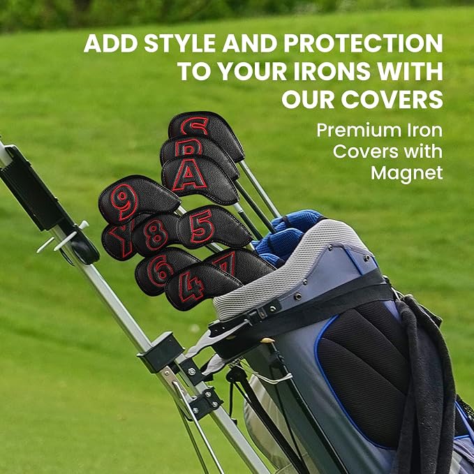 Golf Iron Covers Set Strong Magnetic Closure Value 10 Pack, Double Side Number Synthetic Leather Deluxe Club Headcover, Universal Head Cover Fit Main Irons Clubs for Women Men