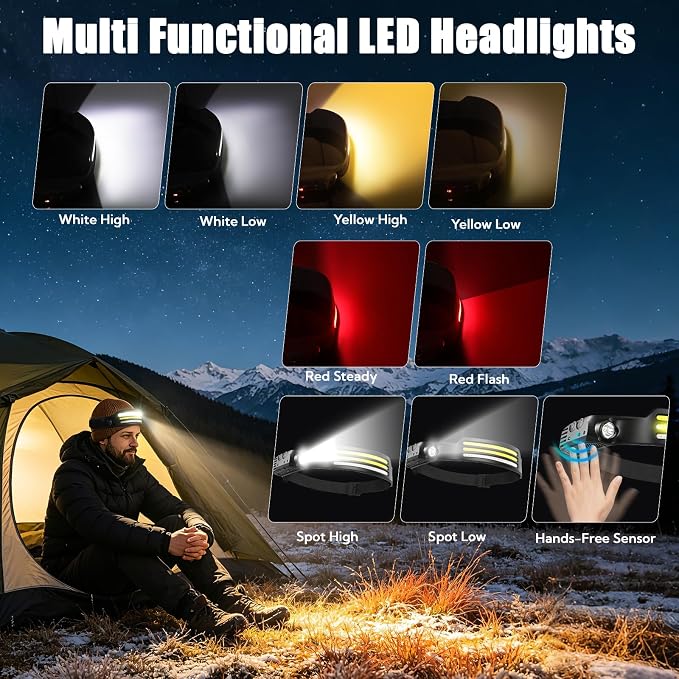 Headlamp Rechargeable 8-Pack，LED Head Torch with 8 Light Modes (White/Yellow/Red + Spotlight), Motion Sensor & Hands-Free Headband, USB Rechargeable for Camping, Running & Repairs, Fishing, Cycling