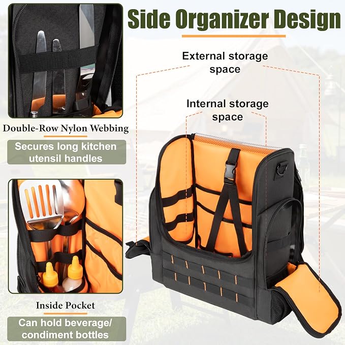 Large Camp Kitchen Organizer with Paper Towel Holder,Hanging Camping Storage Organizers with Metal Hook, Camping Utensil Bag for BBQ Cooking Essentials, With a Canvas Bag for Picnic Pot, Black