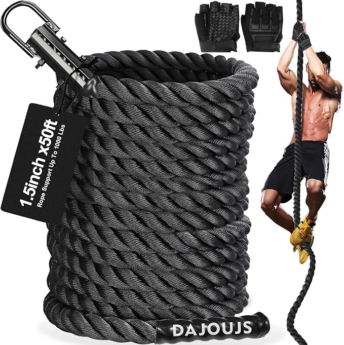 Climbing Rope Gym Workout - 1.5 Inch Dia 10FT 15FT 20FT 25FT 30FT 35FT 40FT 50FT Heavy Duty Work Out Rope Exercise Climbing Ropes for Adults Kids Fitness & Strength Training Outdoor & Indoor - Black