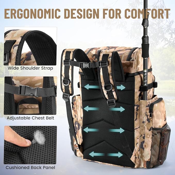 VJI Fishing Tackle Backpack with Rod Holder, Large Tactical Backpack, Fishing Gear Tackle Box Tactical Backpack, Water Resistant Sport Bag and Equipment