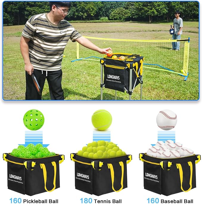 Pickleball Tennis Hopper–Foldable Cart Holds 180 Tennis/160 Pickleballs | Large Capacity |Lightweight with Wheels | Removable Bag| Side Pocket | Multi-Sport Use