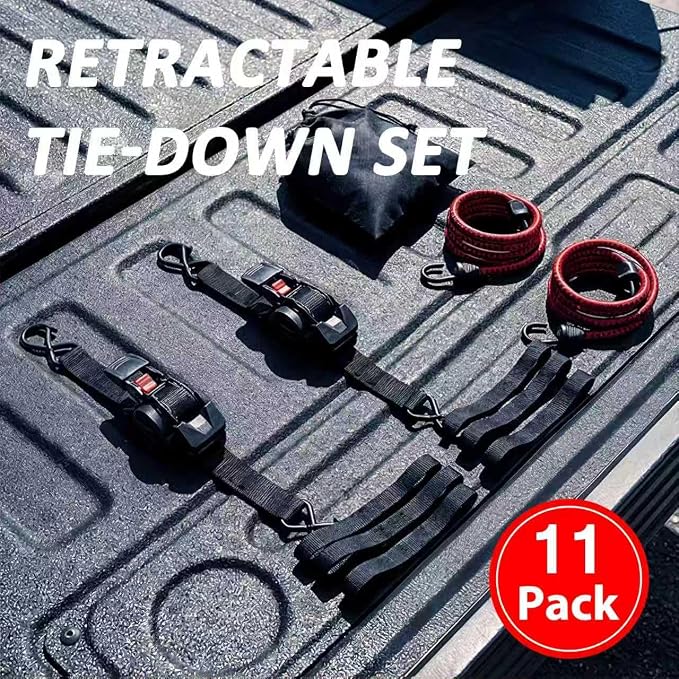 Retractable Ratchet Straps (2 Pack) - 1" x10 ft Heavy Duty with Auto Retract, Safety Lock Hooks & 1650 lb - Soft Loops + Bungee Cords for Truck, Trailer, Motorcycle, ATV, UTV, Moving