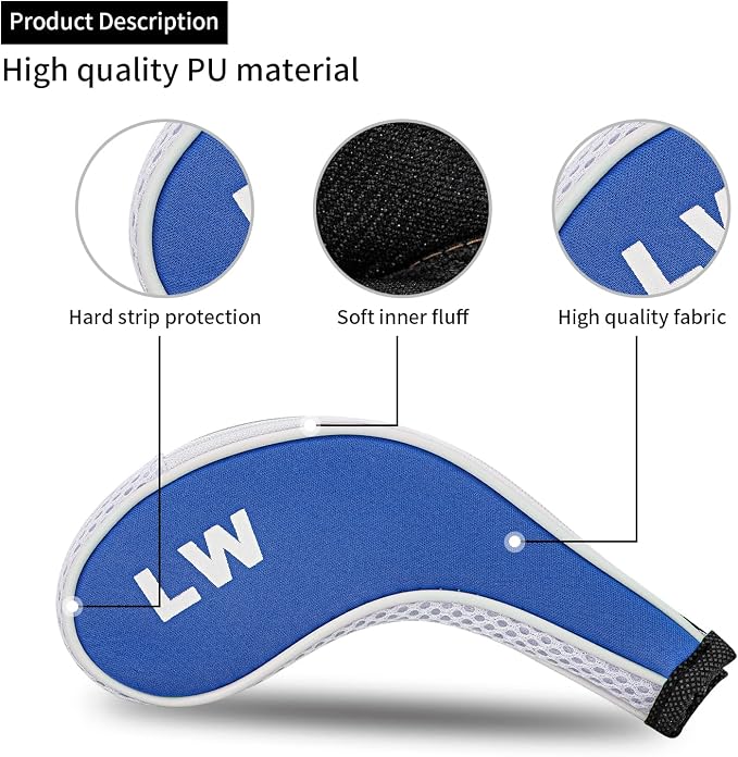 Golf Club 12pcs Thick Synthetic Zipper Long Neck Set Headcover Fit The Most Brands, Side Number Golf Iron Club Head Cover LW SW PW Covers #3,4,5,6,7,8,9