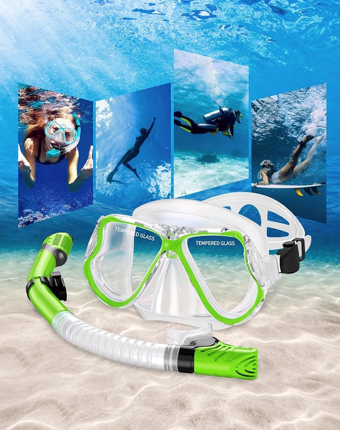 Greatever Dry Snorkel Set,Panoramic Wide View Anti-Fog Scuba Diving Mask,Professional Snorkeling Gear for Adults Kids