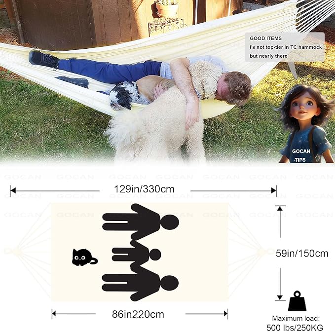 GOCAN Brazilian Double Hammock 2 Person 330X150cm Load 500Pound Cotton Hammock for Patio Porch Garden Backyard Lounging Outdoor and Indoor (Beige)