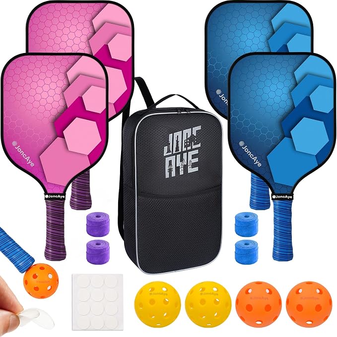 JoncAye Pickleball Paddles Set of 4 or 2, USAPA Approved Fiberglass Rackets with Outdoor Indoor Balls, Bag, Overgrip, Lightweight for Family, Professional Equipment for Beginners Intermediate