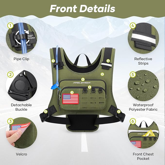 Maelstrom Hydration Vest with 2L Water Bladder Backpack for Running Hiking | Chest Pack, BPA-free, High Flow Bite, Reflective Stripe, Helmet Buckle, Detachable, Breathable Pad, for Cycling, Marathon