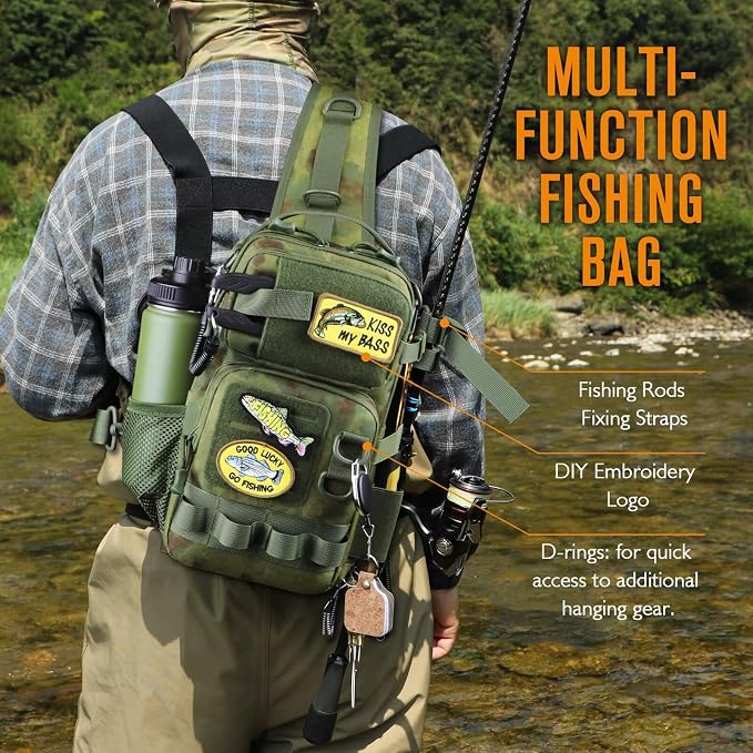 Dovesun Small Fishing Backpack with Tackle Boxes Fishing Sling Bag DIY Embroidery Patches Tackle Bag Gift for Men Green