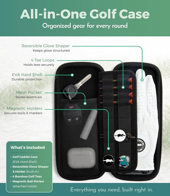 Platypus Golf Co. Golfing Caddie EVA Travel Case Organizer with Bamboo Tees & Ball Marker - Hand Reversible Hinging Glove Shaper & Holder, Mesh Pocket & Storage Slots, Golfers Cases for Men & Women