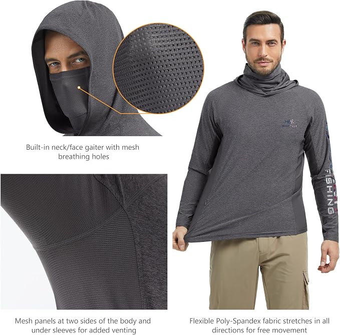BASSDASH Men’s UPF 50+ Graphic Fishing Hoodie Shirts with Mask Pocket UV Long Sleeve Moisture Wicking FS47M