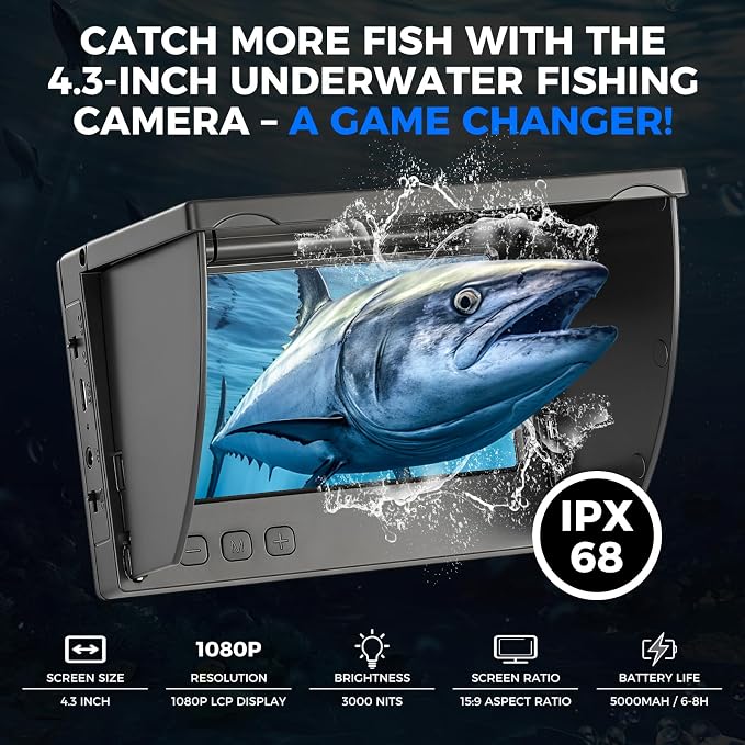 Underwater Fishing Camera 5000mAh/8000mAh Battery,4.3"/5" LCD & IR Night Vision, IP68 Waterproof Portable Fish Camera,98ft Cable for Ice, Lake, Boat & Kayak Fishing