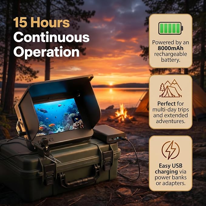 Fish Finder Underwater Fishing Camera: 5-Inch IPS Screen with 1500nit Brightness Long Battery Life 8000mAh USB Charging - IP68 Waterproof 98ft Cable for Ice Fishing Anglers