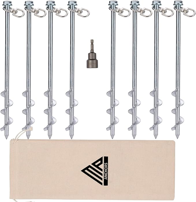 Earth Anchors - 12" Set of 8 Heavy Duty Ground Stakes - Screw in Anchors for Mobile Homes, Sheds, Swing Sets, Trees & Canopies - Includes Drill Bit
