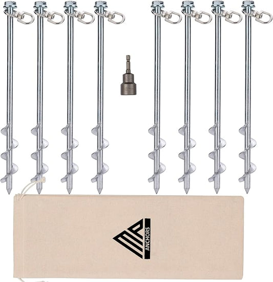 Earth Anchors - 12" Set of 8 Heavy Duty Ground Stakes - Screw in Anchors for Mobile Homes, Sheds, Swing Sets, Trees & Canopies - Includes Drill Bit