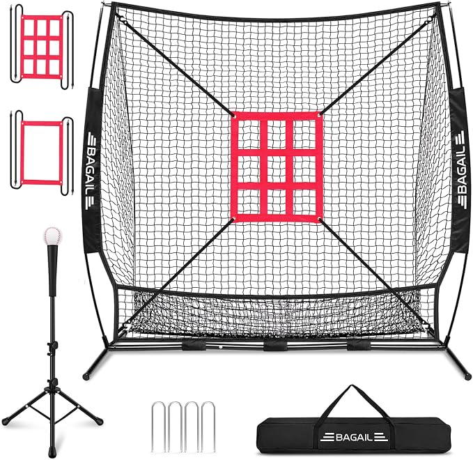 BAGAIL 7x7 ft Extra Large Baseball & Softball Training Net with Batting Tee, Heavy Duty Reinforced Steel Frame, Oversized Hitting Zone for All Levels, Portable Backstop with Carry Bag