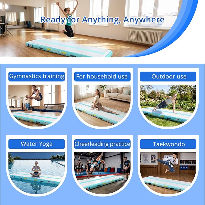 Air Tumble Track Mat for Gymnastics | 4/6 / 8 inches Air Tumbling Mats, 6.56/10 / 13 / 16ft Inflatable Gymnastics Mat for Home Use, Training, Cheerleading, Water Yoga with Electric Air Pump