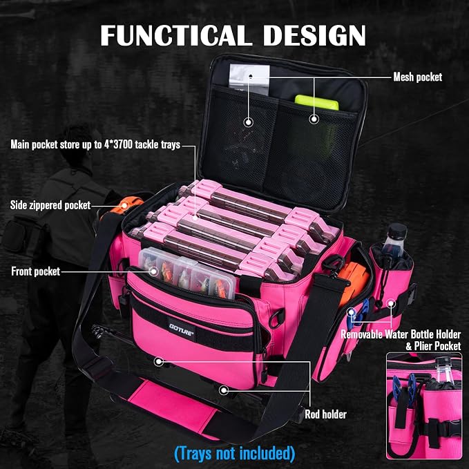 Goture Fishing Tackle Bag with 2PCS 3700 Tackle Boxes | 600D Water-Resistant, Rod Straps, Detachable Bottle Pouch, SBS Zippers, Freshwater & Saltwater Gear Storage Fishing Bag