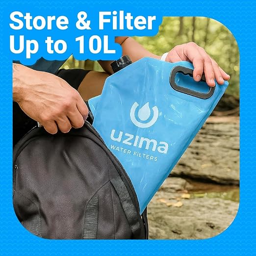 Uzima D-Prep Plus Emergency Water Filtration & Storage System – 10L Collapsible Gravity Water Storage Container with UZ-1 Filter for Safe Drinking – Portable Survival & Camping Bladder