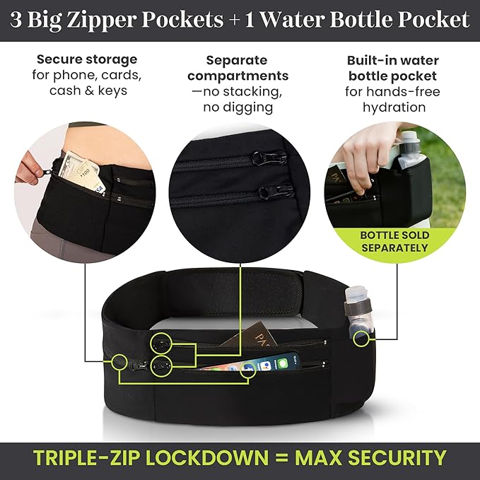 StashBandz Adjustable Running Belt and Travel Money Belt - 3 Large Zippered Pockets + Water Bottle Holder, No-Bounce Fanny Pack with Key Clip, Fits Any Size Phone, Passport & More, Black, X-large
