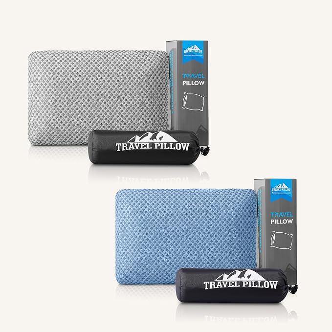 Travel Pillow Memory Foam Pillows, Light Grey M Size, Blue M Size, Ideal Backpacking Hiking, Bed Pillows, Airplane and Car