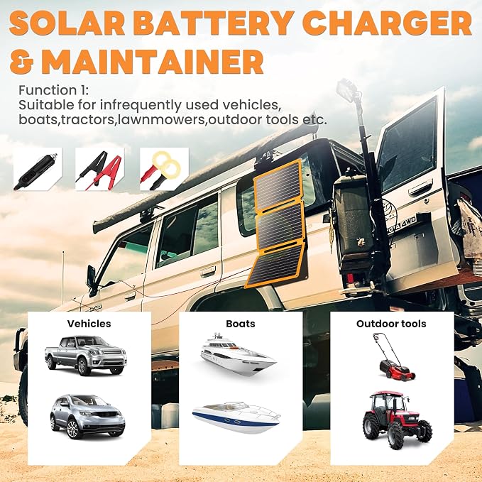 FieryRed 30W 12V Solar Panel Car Battery Charger & Maintainer, Portable Waterproof Trickle Charger with Built-in Controller, Cig Plug, Alligator Clips, USB-C, USB-A Outputs for Car, Boat, RV, Tractor