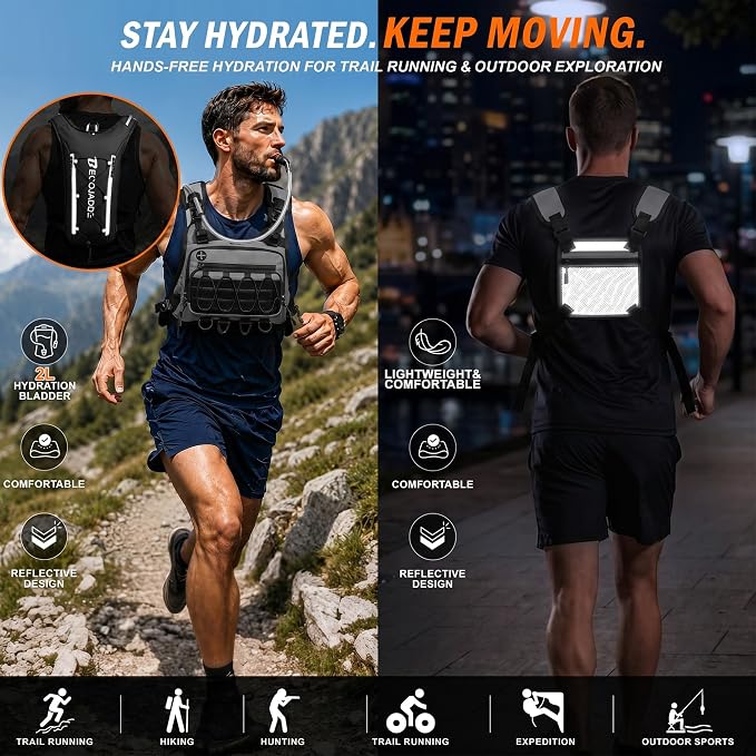 BECOJADDE Running Vest for Men with 2L Water Bladder Tactical Hydration Backpack Adjustable Lightweight Chest Pack for Marathon Hunting Cycling