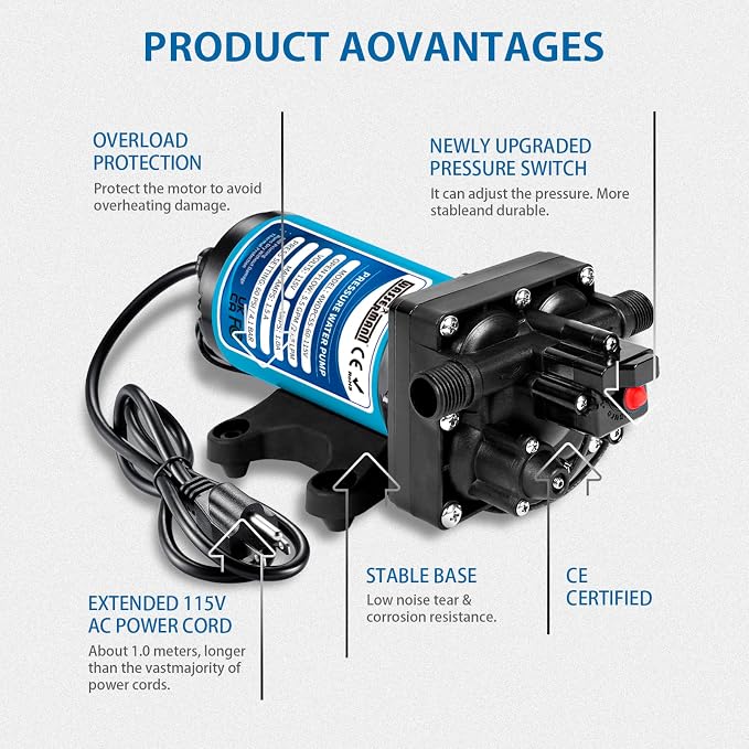 WASSERMANN Water Pressure Pump 115 Volt AC 5.5GPM 60PSI,Water Pump Self Priming Diaphragm Pump with Pressure Switch for Kitchen Bathroom Marine Yacht Garden