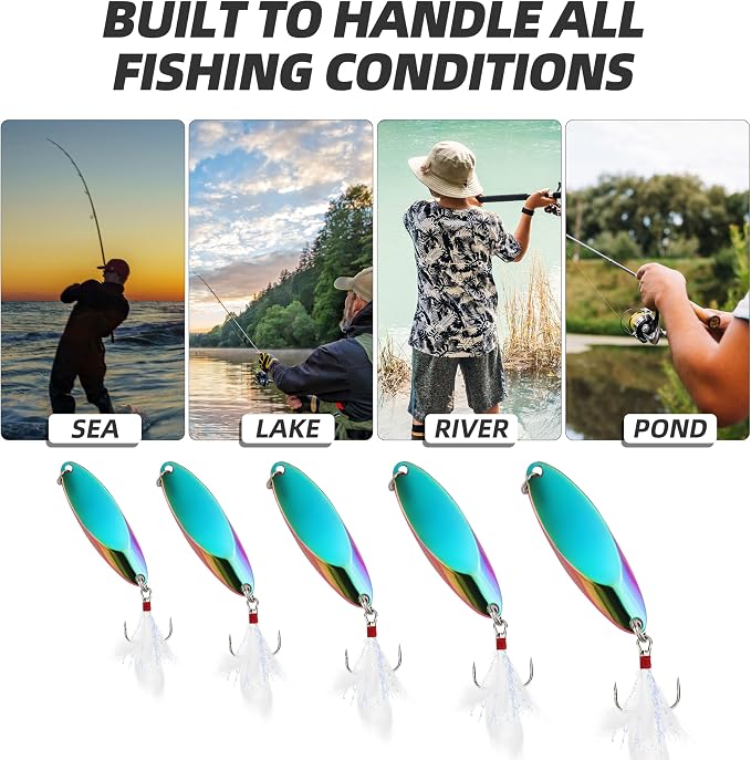 Jigging Spoon Fishing Lures 20/40PCS Kit – Metal Casting Spoon Lure Set with Treble Hooks, Mixed Sizes Spinner Baits for Saltwater & Freshwater Trout, Salmon, Bass