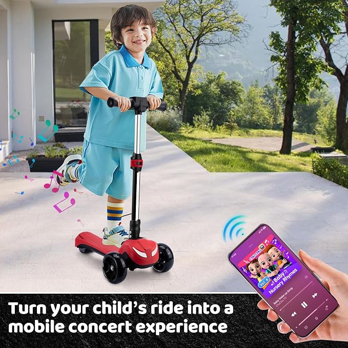 Electric Scooter for Kids w/150W Powerful Motor, Thumb Throttle, LCD Screen, Bluetooth, Light-Up Stem Deck & Wheels, 3 Adjustable Heights, 5MPH Safe Speed, 3 Wheel Electric Scooter for Kids