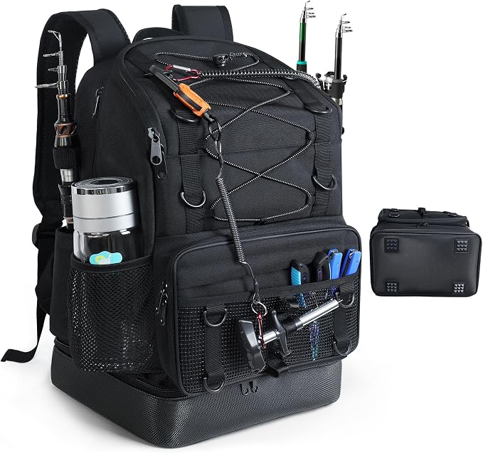Fishing Backpack with Rod Holder, Heavy Duty Fishing Bag with Waterproof Bottom, Tackle Backpack Gifts for Man Woman-Black