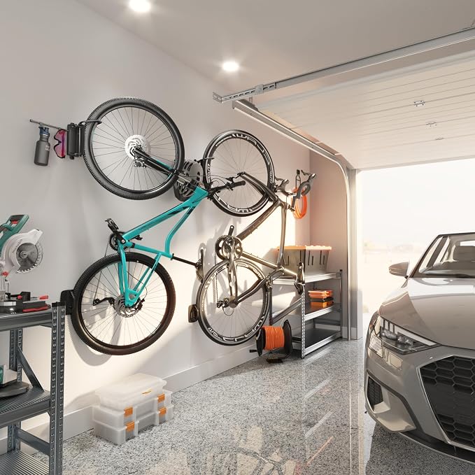 monTEK Swivel Bike Wall Mount, Bike Hangers for Garage, Bike Wall Mount with Two Extra Storage Hooks, Bike Hanger Wall Mount for Space Saving, Bike Rack Garage Holds Up to 77 lbs