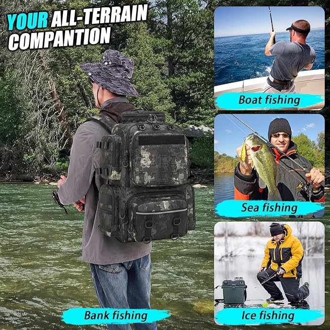 Tactical Fishing Tackle Backpack with Tackle Boxes, Rod Holders, Bottle Holder, 50 L Large Insulated Fishing Backpack Tackle Box with Cooler, Fishing Bag Store Gear & Equipment, Black CM
