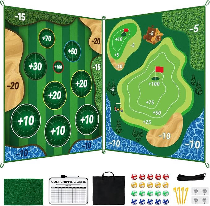 Sticky Playing Golf Chipping Game, 6x5 FT Double Sided Golf Chipping Game Practice Mat for Adults with 20 Sticky Balls Golf Hitting Mat for Home Backyard Garage and Outdoor (No Club)