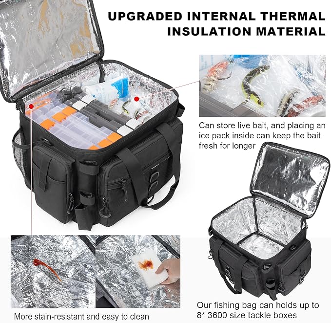 Rabjen Fishing Tackle Bag with Rod Holders & Cooler Main Compartment – Large Capacity Fishing Bag for Organized Gear Storage