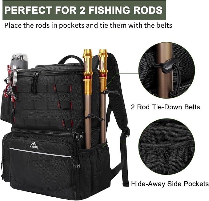 MATEIN Fishing Backpack, Water Resistant Tackle Storage Bag with Rod Holders & Cooler, Fishing Gifts for Men