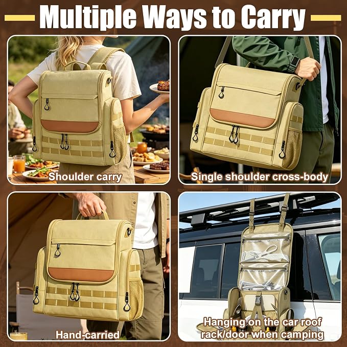 Large Camp Kitchen Organizer with Paper Towel Holder,Hanging Camping Storage Organizers with Metal Hook, Camping Utensil Bag for BBQ Cooking Essentials, With a Canvas Bag for Picnic Pot, Khaki