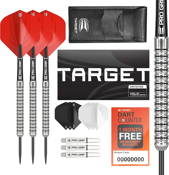 Target Darts Artemis Tungsten Steel Tip Dart Set, 21G/22G/23G/24G/25G/26G | Artemis Original | Artemis K-Flex Integrated Flight & Shaft | Professional Accessories Dart Kit, Dart Wallet Included