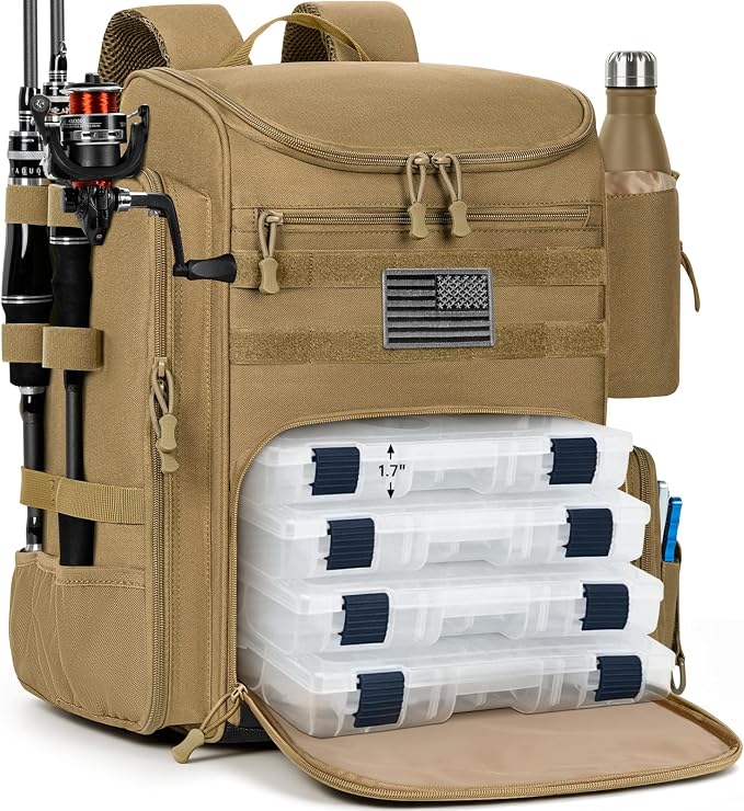 40L Fishing Backpack Water Resistant Fishing Tackle Bag with 2 Rod Holders, Tackle Storage Bag for Anglers(Khaki,Bag Only)