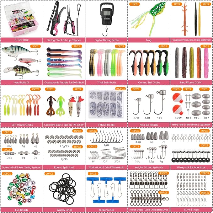 Fishing Lures Kit, 421PCS Tackle Box-(Pink) | Included Fishing Pliers, Hooks, Soft Baits, Weights,Accessories - Complete Freshwater Bass Fishing Gear Kit for Men with Gift