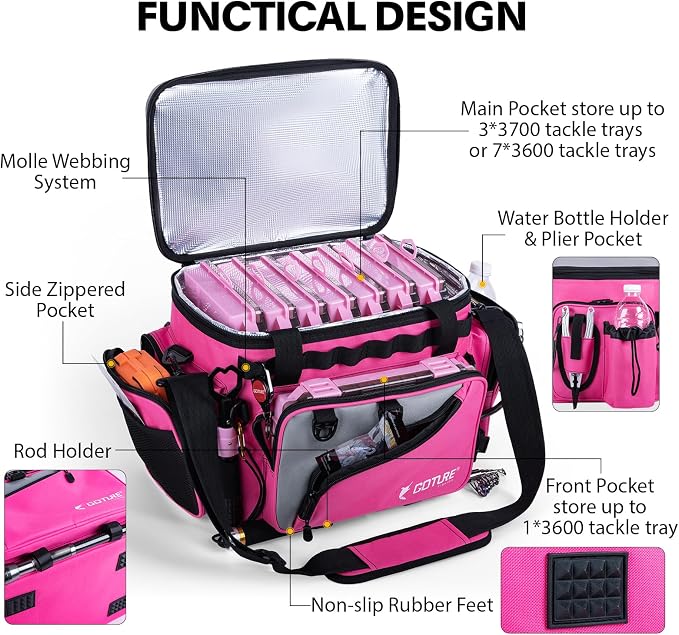Goture Pink Fishing Rod and Reel Combos with Cooler Tackle Bag, 6FT-9FT Telescopic Fishing Pole with Spinning Reel,4 3600 Trays,Lures,Pliers,Travel Full Kit for Freshwater Saltwater, Women/Beginners