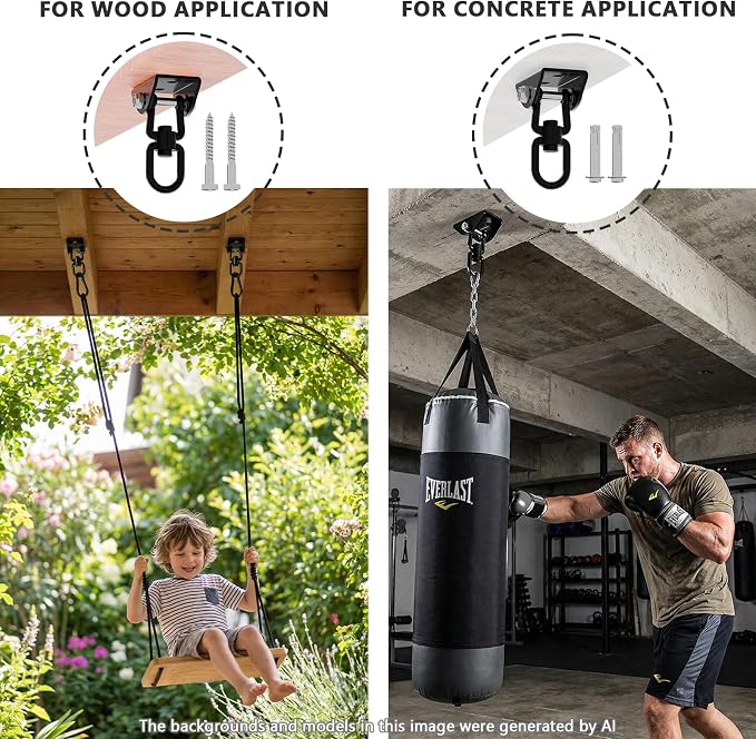 360°Rotating Hammock Hanging Kit, Heavy Duty 1200 lb Capacity Stainless Steel Hanging Swing Hooks, 1 Pack Swing Hanger for Yoga, Hammock Chair, Sandbag, Swing Sets(Black