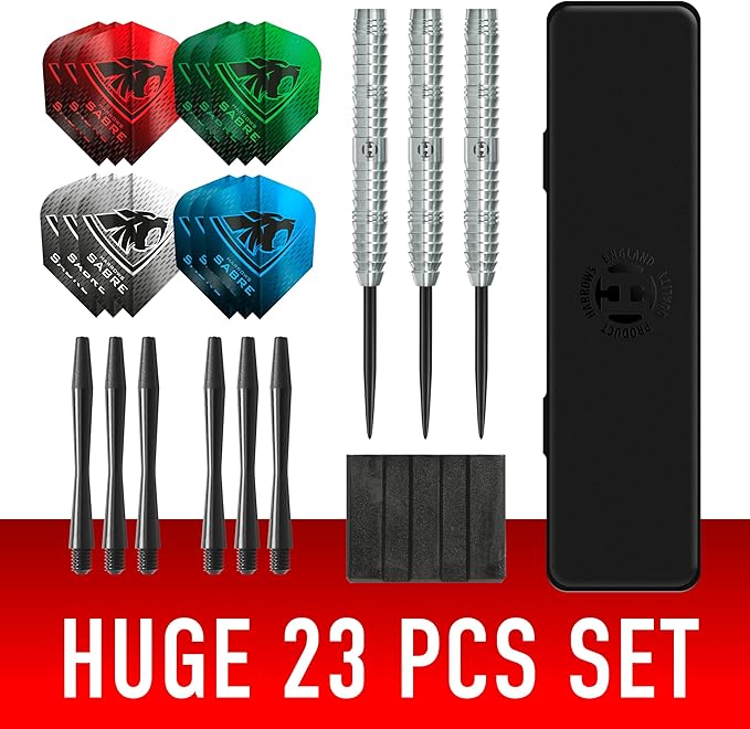 Harrows Sabre 90% Tungsten Steel Tip Darts Set I 21g to 26g All Weights Available I Huge 24pcs Bundle with Spare Shafts, Prime Flights & Travel Case