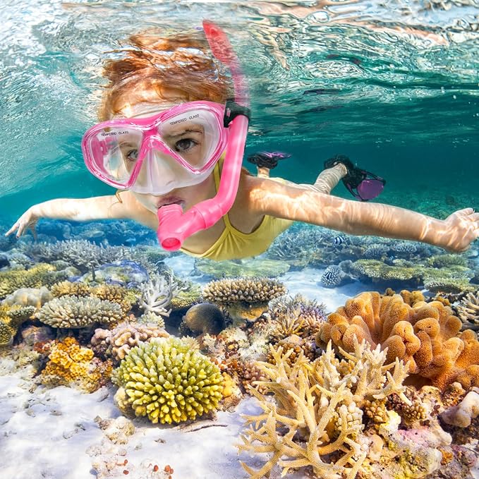 2 Sets Snorkeling Gear for Kids, Kids Snorkel Set for Ages 6-14, Dry Top Snorkel Mask Set for Youth Boys Girls Junior, Tempered Glass Diving Swimming Mask Goggles